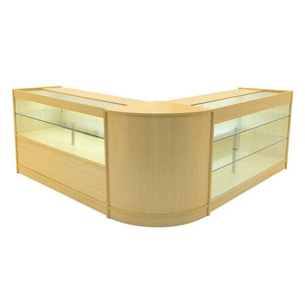 Hera LED Shop Counter Set in maple finish, featuring a sleek, curved design with glass display shelves and integrated lighting