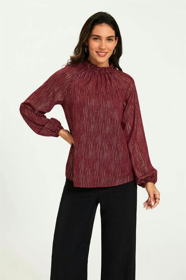 FS Collection Gold Stripe Foil Long Sleeve Frill High Neck Top In Wine