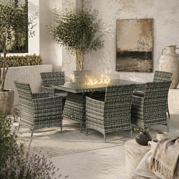 Wyld Haus Ravezi Rattan Grey 6 Seater Garden Dining Set With Fire Pit Table Glass