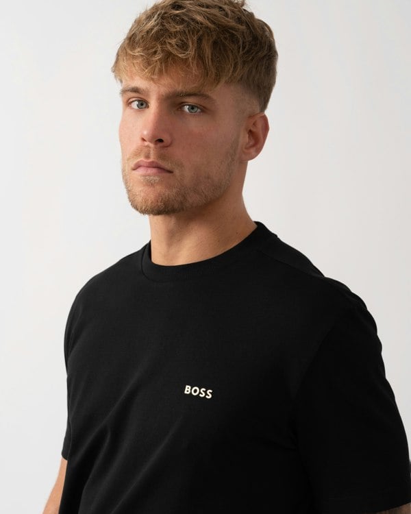 BOSS Green Tee Mens Stretch Cotton T-Shirt with Contrast Logo - Black 009 - CHO - Designer Mens Logo T-Shirts