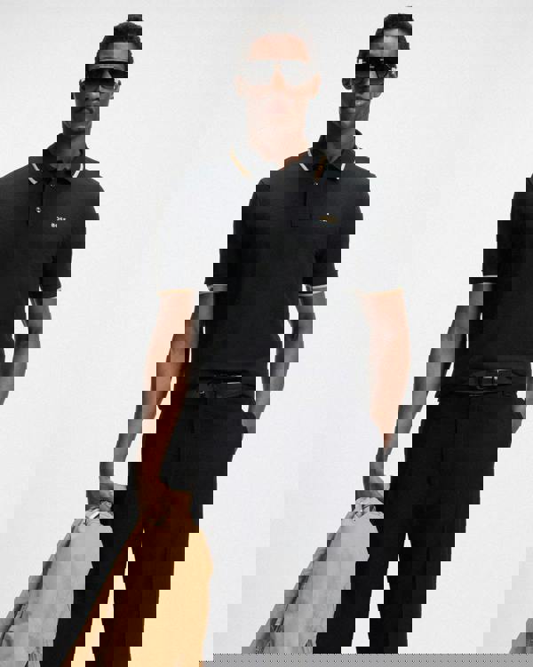 BOSS Orange Parlay 190 Mens Cotton-Piqué Polo Shirt with Contrast Tipping - Black - CHO - Designer Mens Polo Shirts