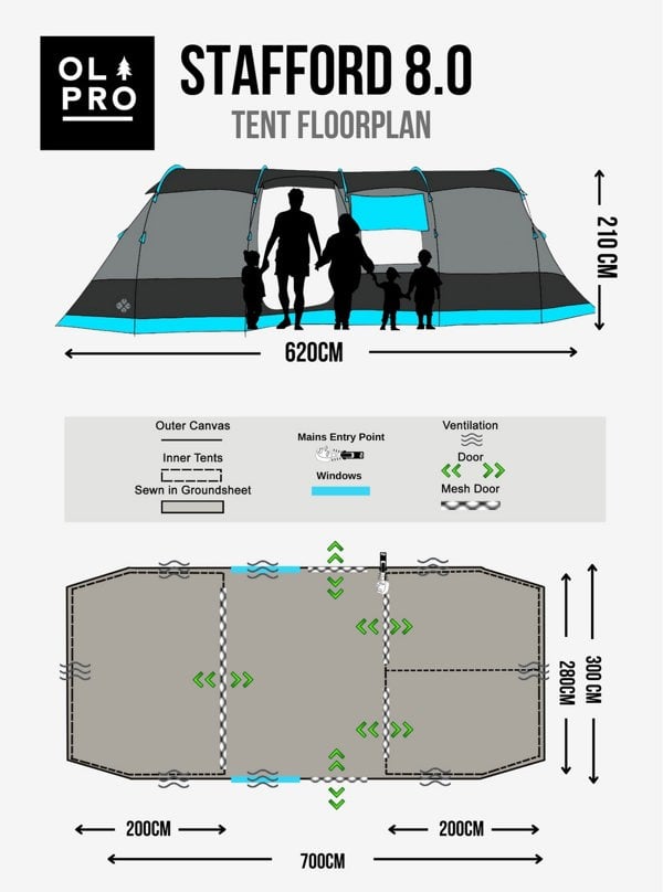 A footprint graphic of the Stafford 8.0 8-berth tent. By OLPRO x Ed Stafford