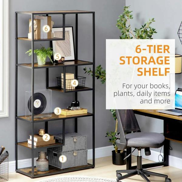 Rustic brown 6-tier storage shelf with black metal frame and open compartments