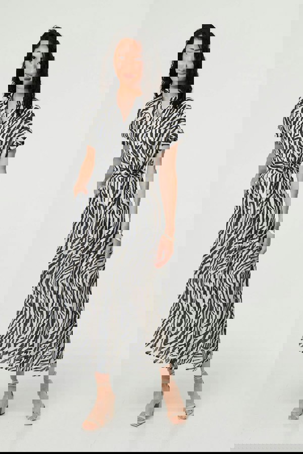 Black | Zebra Print Tie Waist Midi Shirt Dress
