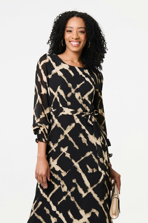 Black | Printed Long Sleeve Tie Waist Maxi Dress