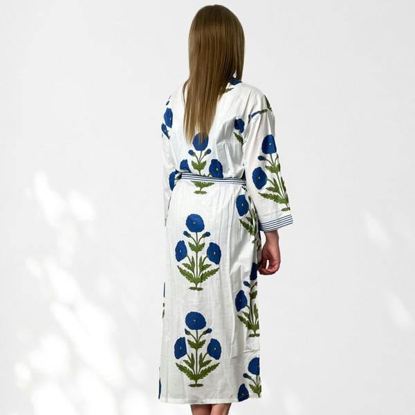 Hayley & Co White and Blue Flower Print 100% Cotton Dressing Gown