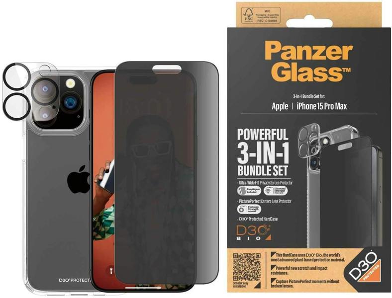 PanzerGlass Panzer Glass Privacy Powerful 3 in 1 Bundle Pack for iPhone 15 Pro Max 6.7" - B1175+P2812