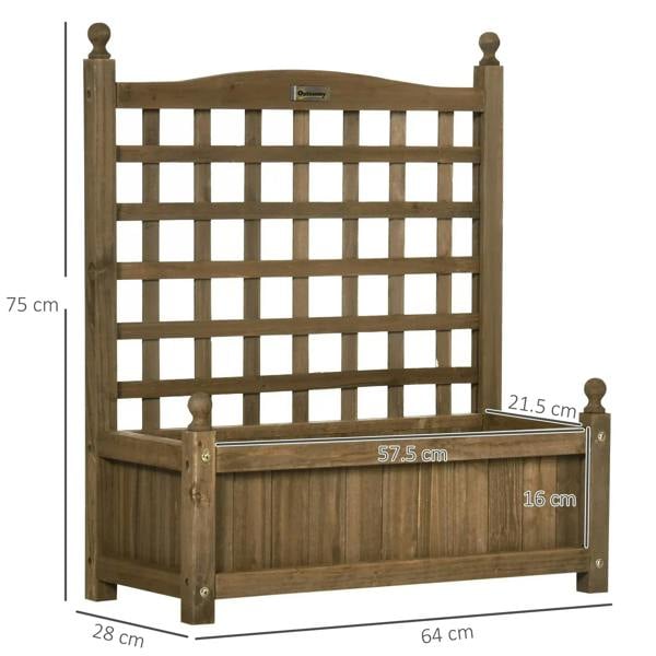 Brown wooden raised garden bed with trellis grid and front planter panel
