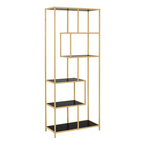 Furniture To Go Seaford Tall Gold Metal Bookcase with 5 Black Shelves
