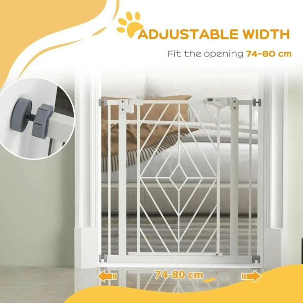 White adjustable-width stair gate with fit range marked 74-80 cm for installation