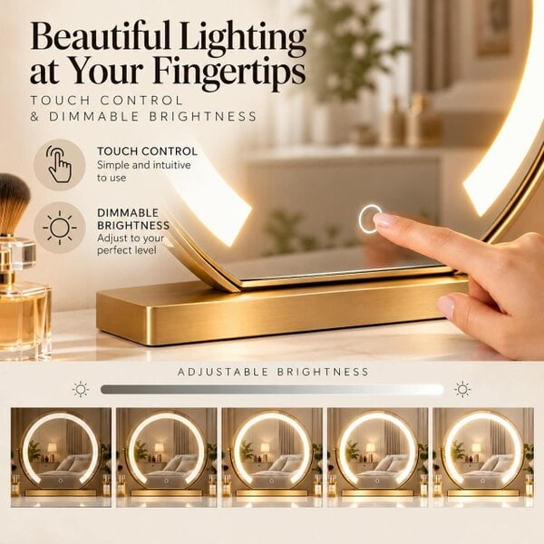 Downton Interiors Gold Round Dressing Table Vanity Mirror with LED Light Touch Control 45cm