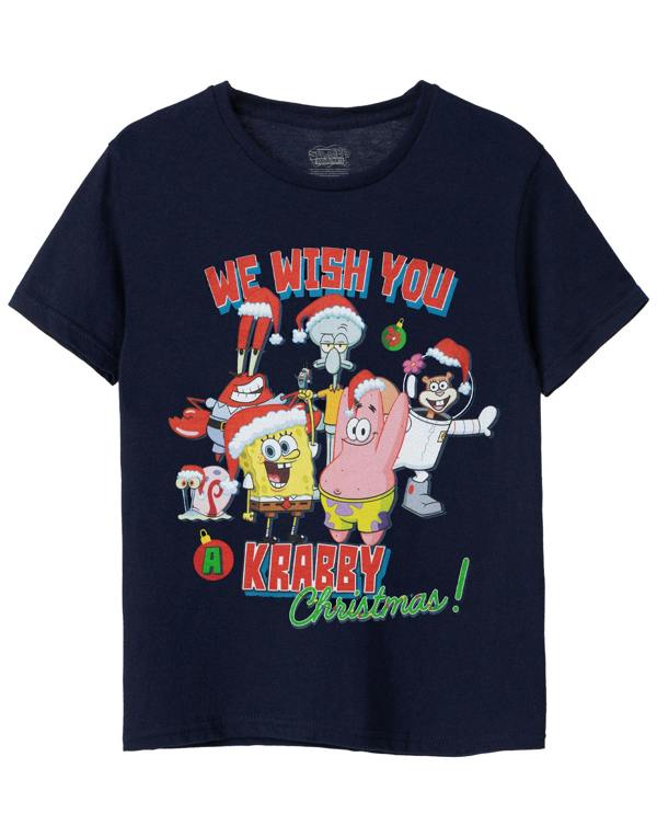 SpongeBob SquarePants Unisex Kids Blue Krabby Christmas Short Sleeved T-Shirt
