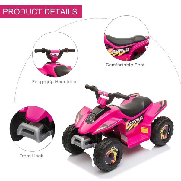 Pink ride-on ATV with black comfort seat, easy-grip handlebars, and front hook