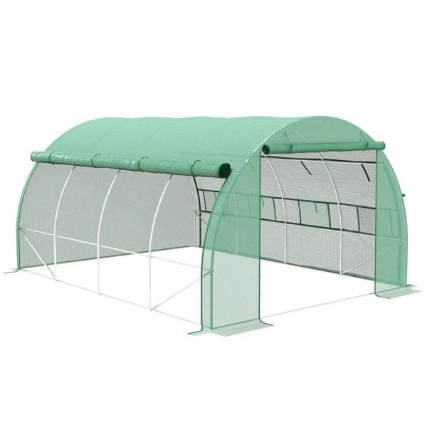 Green walk-in greenhouse tent with arched frame, roll-up sidewalls and zippered door