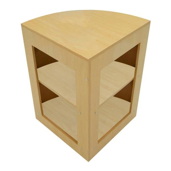 Vega LED Shop Counter Set in maple finish features a curved top, open shelving, and smooth wood texture for modern retail displays