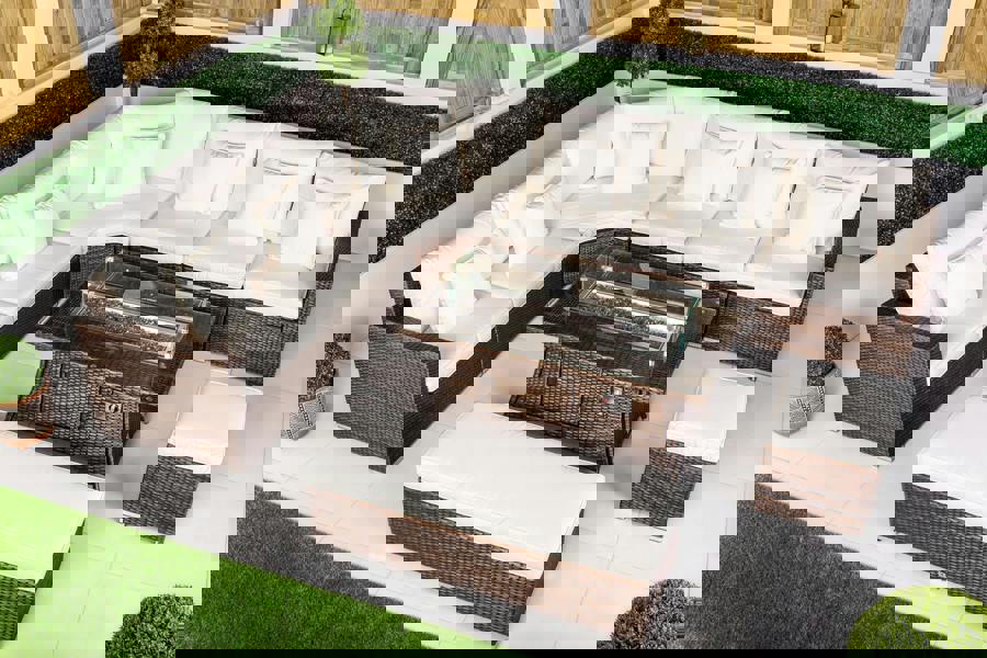 Giardino Santorini 6 Seat Modular Corner Sofa Rattan Garden Furniture Set Outdoor Fire Pit Coffee Table, Bench and Stool