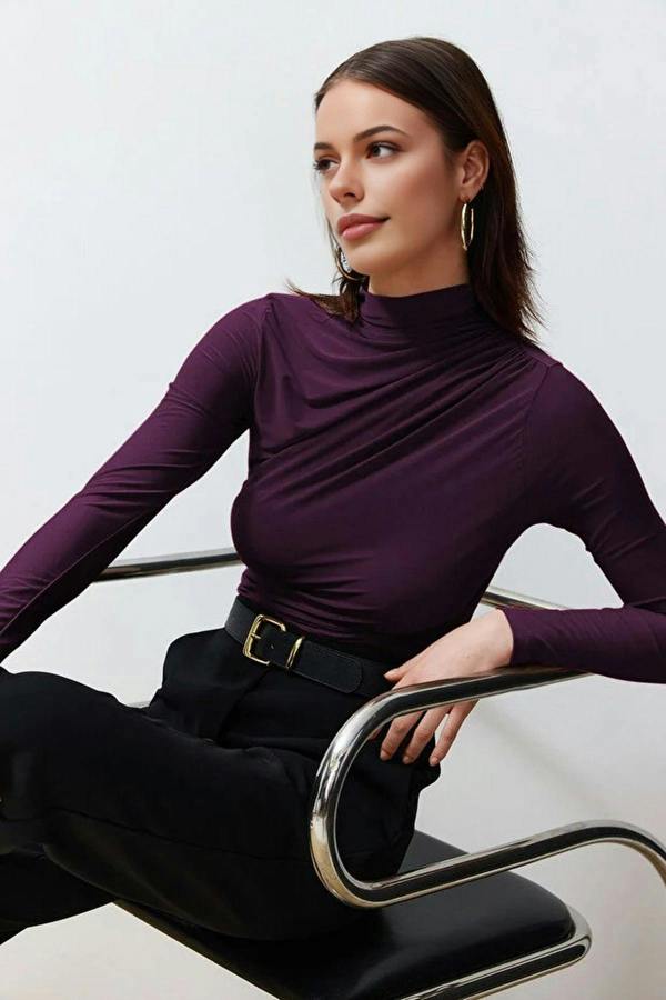 WOVCOR Draped High Neck Long Sleeve Blouse
