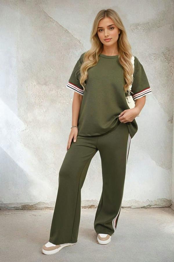 Jennifer Contrast Stripe Top And Wide Leg Trouser Co-ord Set - Khaki