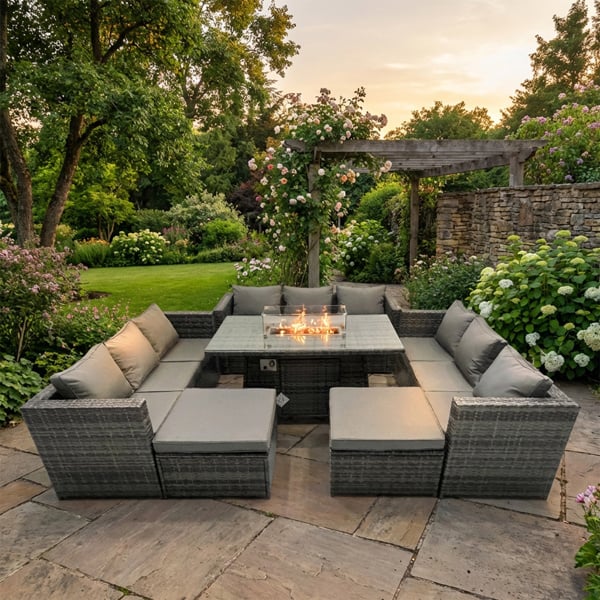 Fimous 11 Seater Outdoor Rattan Fire Pit Dining Set with 3 Sofas, 2 Footstools - Dark Grey