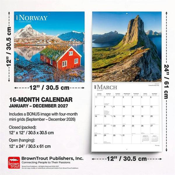 Europe Norway Calendar 2027, Wall Calendars, Month To View, Travel, Gift