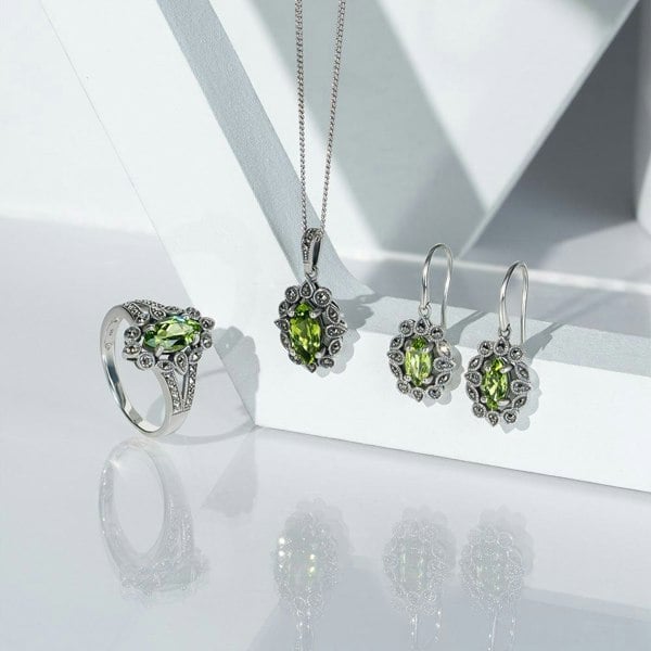 Gemondo Art Deco Style Marquise Peridot & Marcasite Drop Earrings in Sterling Silver