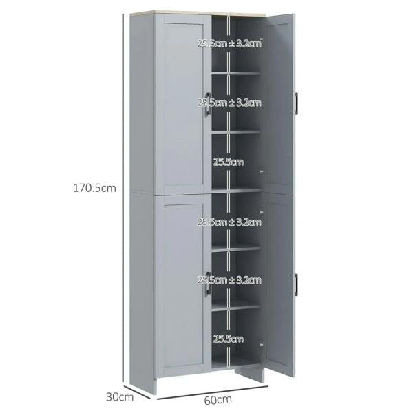 Grey freestanding pantry cabinet with open doors and shelf height spacing markings