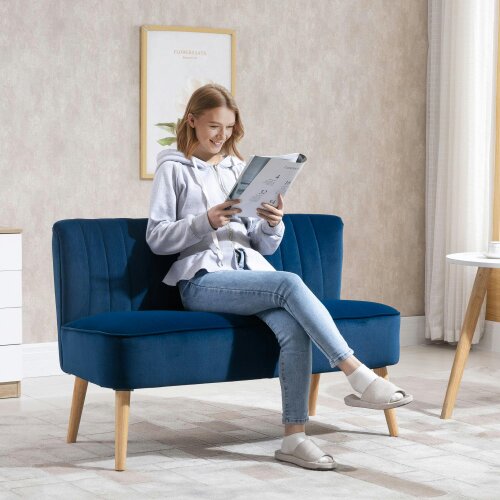 Wyld Haus Haleco Dark Blue Fabric 2 Seater Love Sofa Panel Tufted Back Natural Wooden Legs
