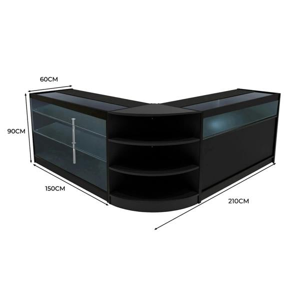 Black Demeter LED Shop Counter Set featuring sleek glass shelves, modern design, and precise dimensions for retail display
