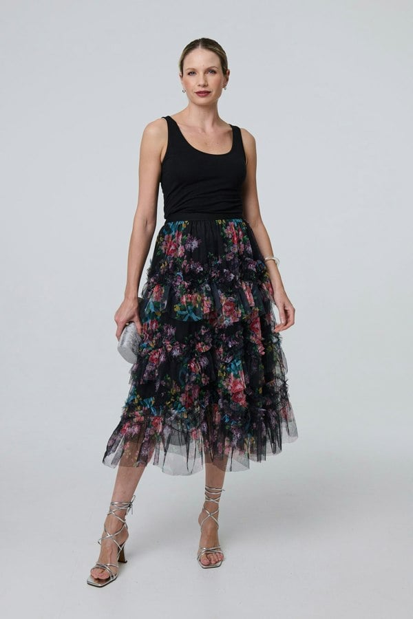 Black | Floral Semi Sheer Mesh Ruffled Midi Dress
