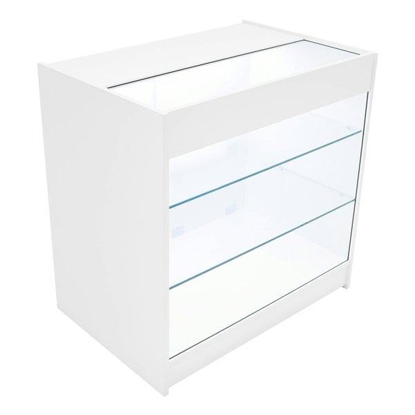 Demeter LED Shop Counter Set in white, featuring a sleek design with glass shelves and a top display area, ideal for retail use