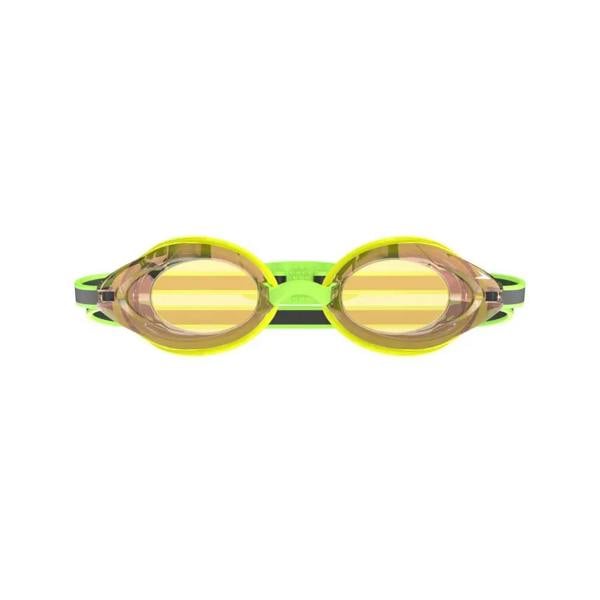 Speedo Vanquisher 3.0 mirrored swim goggle in neon green and yellow with clear lenses