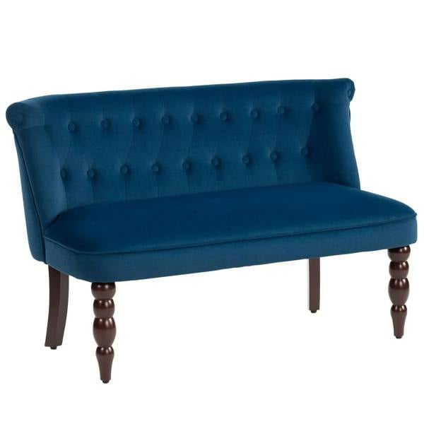 Dark blue velvet loveseat sofa with button-tufted wingback and turned wooden legs
