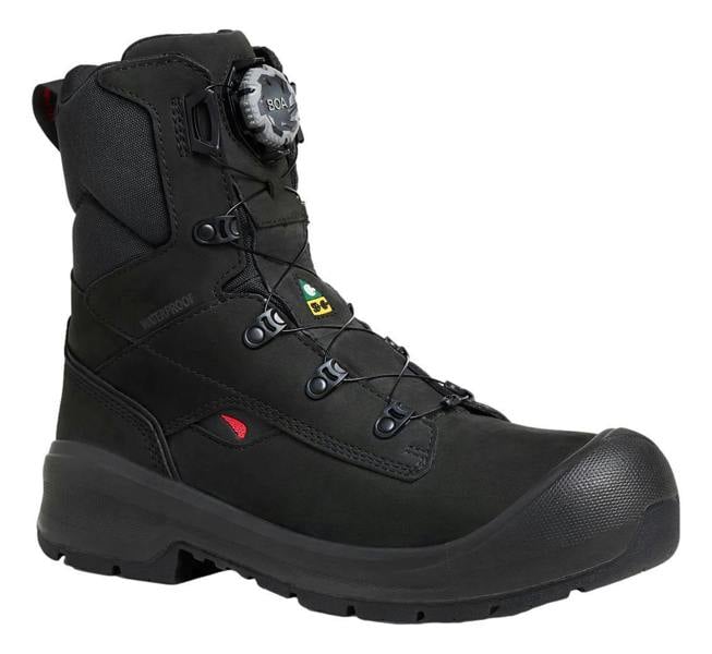 Red Wing Shoes Red Wing VersaPro 3035 Mens Tall 8" BOA Waterproof Safety Boots, black waterproof safety boot with ankle support, metal eyelets, and BOA dial lacing system.