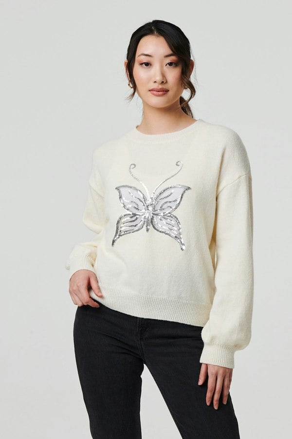White | Butterfly Embellished Puff Sleeve Jumper
