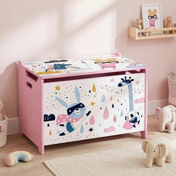 Storage Chest, Wooden Toy Chest with Lid, Flip-Top, Security Hinges and Anti-Pinch Design for Kids, Pink