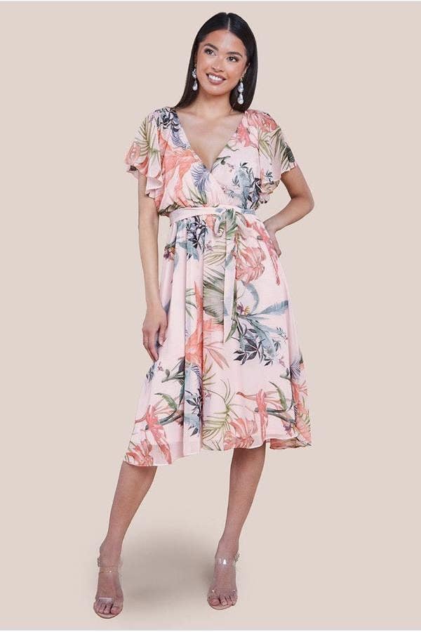 Floral Printed Flutter Sleeve Chiffon Midi Dress - Off White DR4515