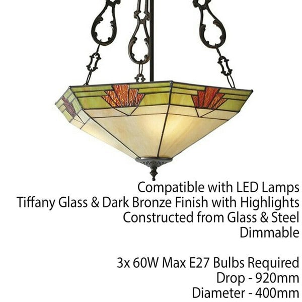 Tiffany Glass Hanging Ceiling Pendant Light Bronze & Art Deco Lamp Shade i00147 Loops