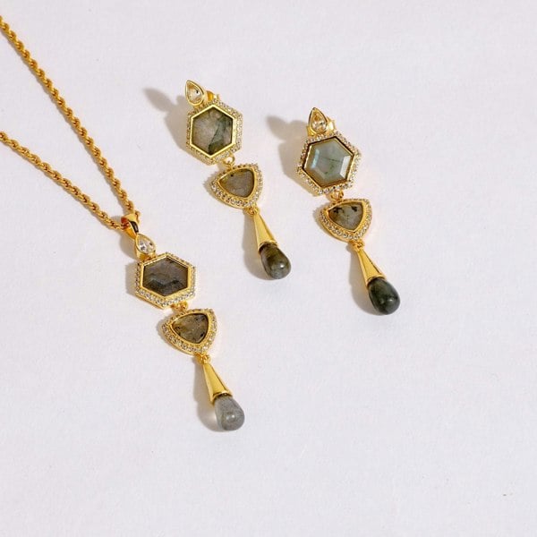 Lila Rasa Timeless Radiance Labradorite CZ Earrings & Necklace Party Set