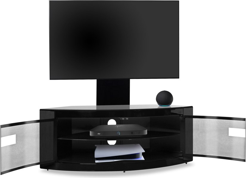 Centurion Supports PANGEA Gloss Black Beam-Thru Curved True-Corner 32"-50" TV Cabinet with Mounting Arm