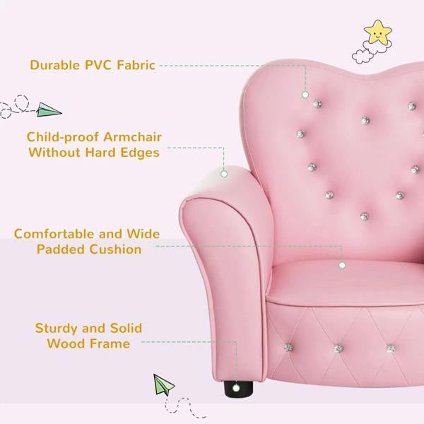 Pink toddler armchair with rounded armrests and padded seat, dark legs