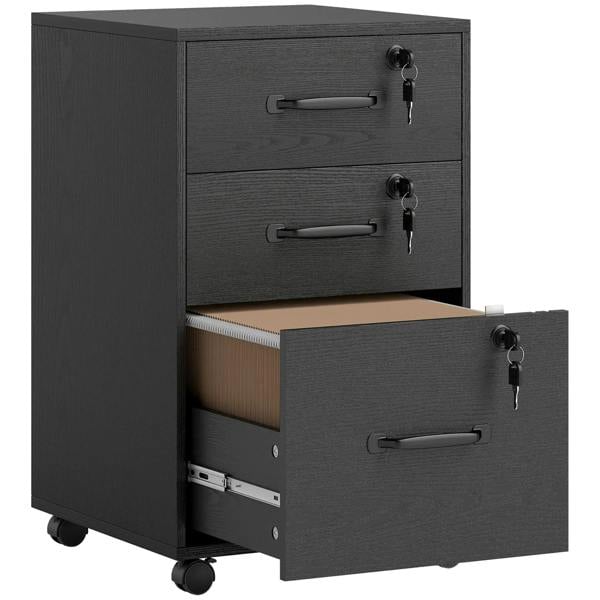 Black wood-effect filing cabinet with three drawers and rolling casters, one drawer open