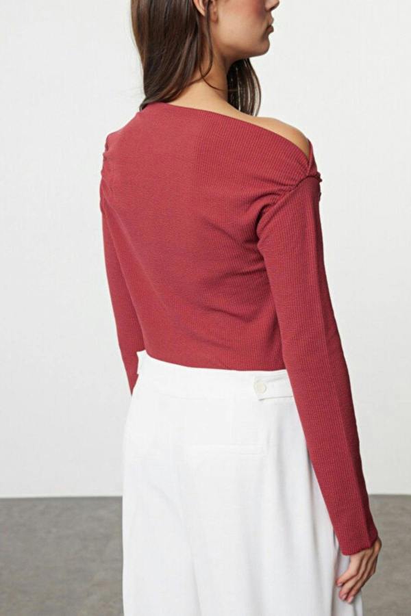 WOVCOR Draped Boat Neck Asymmetrical Long Sleeve Knit Blouse