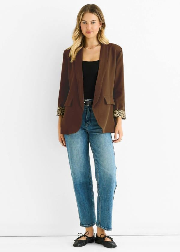 Gini London Brown Contrast Animal Edge to Edge Blazer