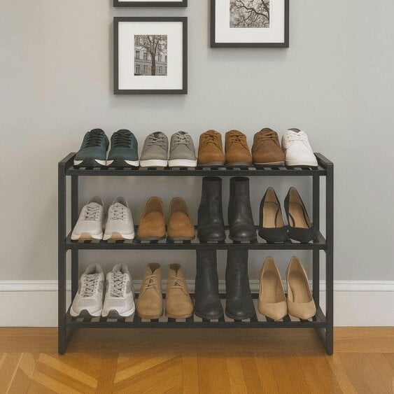 Neo Black 3-Tier Bamboo Shoe Rack Stand Natural Wooden Shoe Storage Shelf for Hallway Bedroom Bathroom