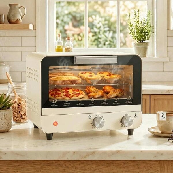 Mini Oven, Small Toaster Oven with Glass Door, Adjustable Temperature and Timer, Accessory Included, 750W, Cream White - Cream White