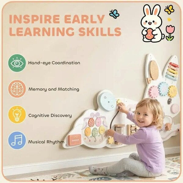 Bobobiy Easter Bunny Busy Board Panels, Montessori Wall-Mounted Toddler Learning Activity Centre for Living Room Kids Room White