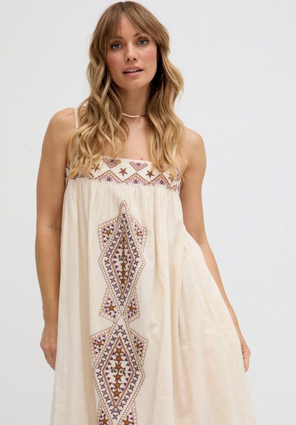 Sapphire Spaghetti Strap Embroidered Maxi Dress In Cream