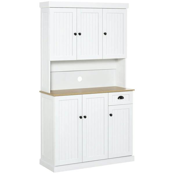 White freestanding kitchen cabinet with open countertop, drawer, and six cabinet doors
