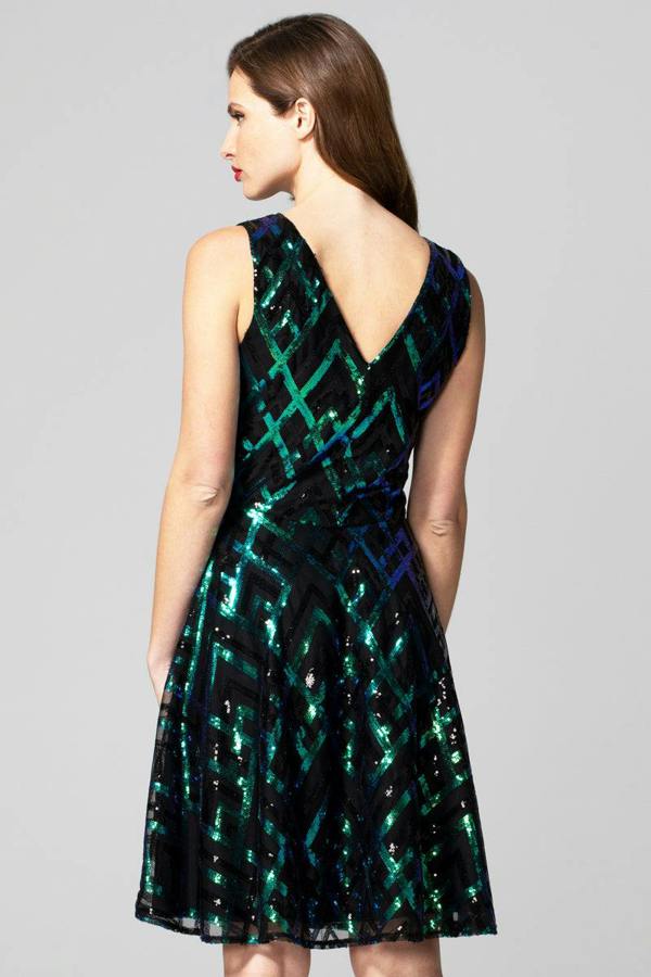 HotSquash Sequin V Neck Fit and Flare Dress