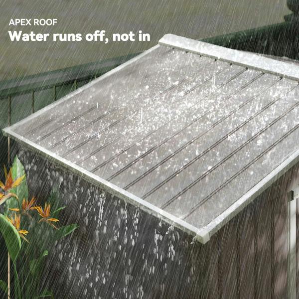 Grey metal shed roof panel with water beading and sloped gutter edge